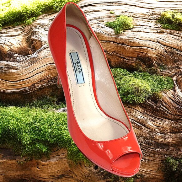 Prada Vernice Persimmon Patent Leather Peep Toe Platform Pumps, Size 36 (US 6) - Picture 3 of 9